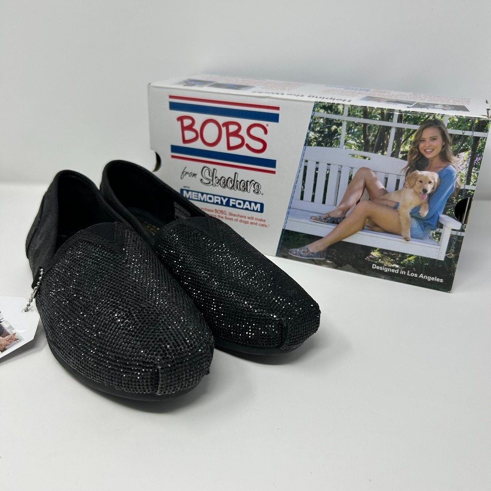 Bobs By Skechers Luxe 32879 Women 9.5 Ballet Flat Black Rhinestone Slip On Shoes